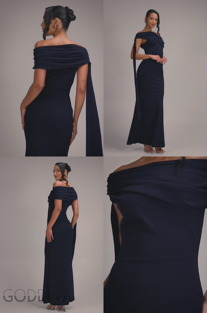 Sash One Shoulder Bardot Maxi Dress - Navy Blue DR4830