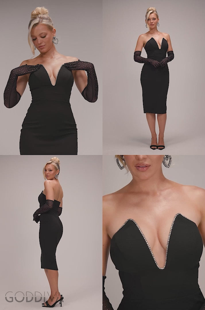 Strapless Super Plunge Diamante Neck Midi Dress - Black DR4760