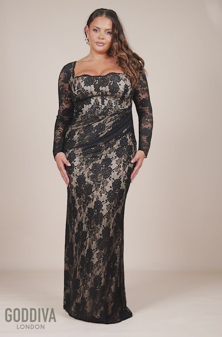 Scalloped Lace Corset Bodice Maxi Dress - Black DR4519PLUS