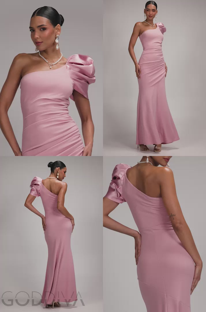 One Shoulder Puffed Satin Sleeve Evening Maxi Dress - Blush Pink DR4640