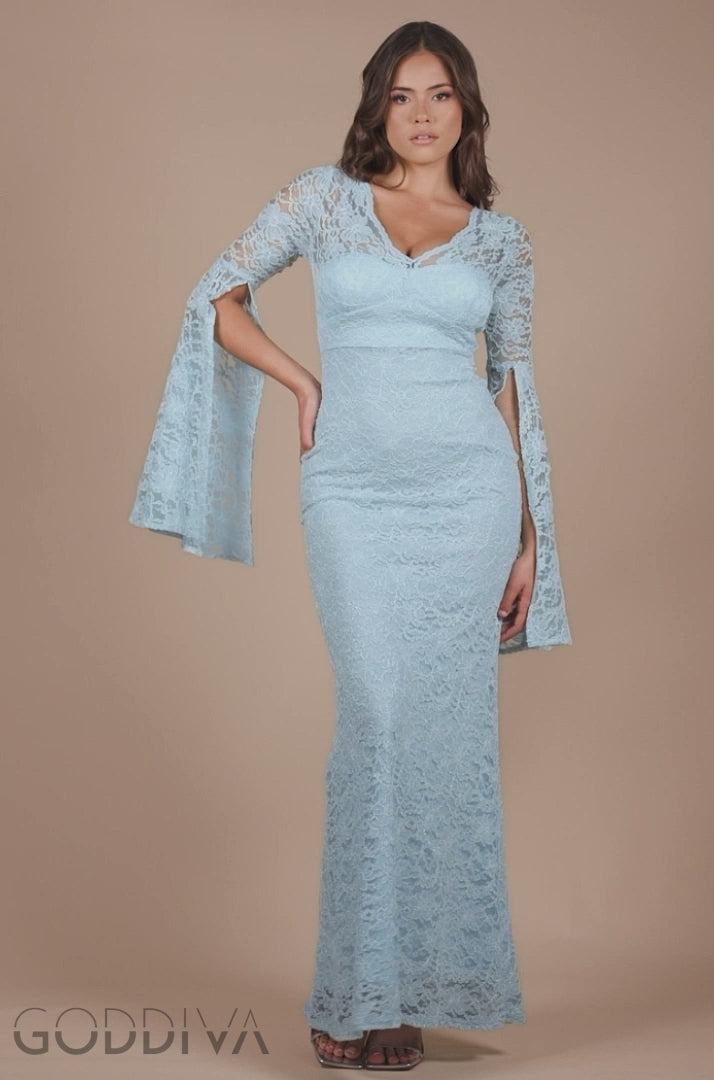 Cape Sleeve Lace Mermaid Hem Maxi Dress - Sky Blue DR4621