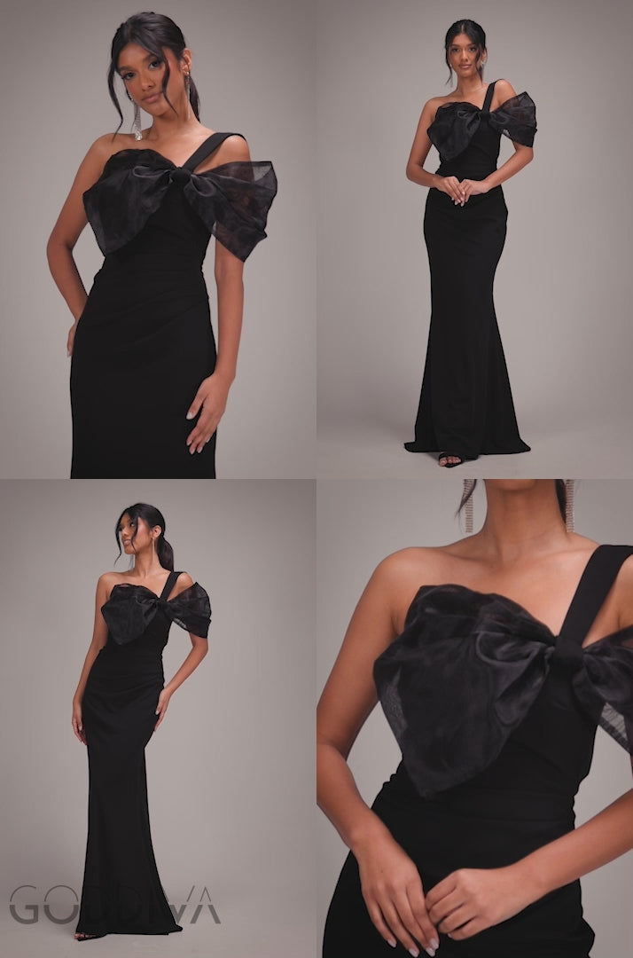 Organza Bow One Shoulder Scuba Crepe Maxi Dress - Black DR4812