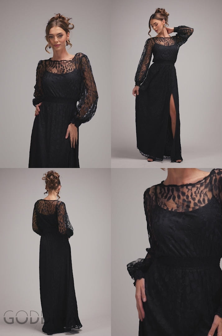 Lace Long Sleeve Shirred Waist Maxi Dress - Black DR4805