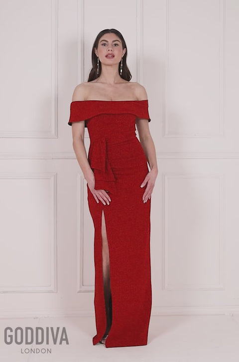 Goddiva Sparkle Bardot Maxi With Waterfall Ruffle - Red