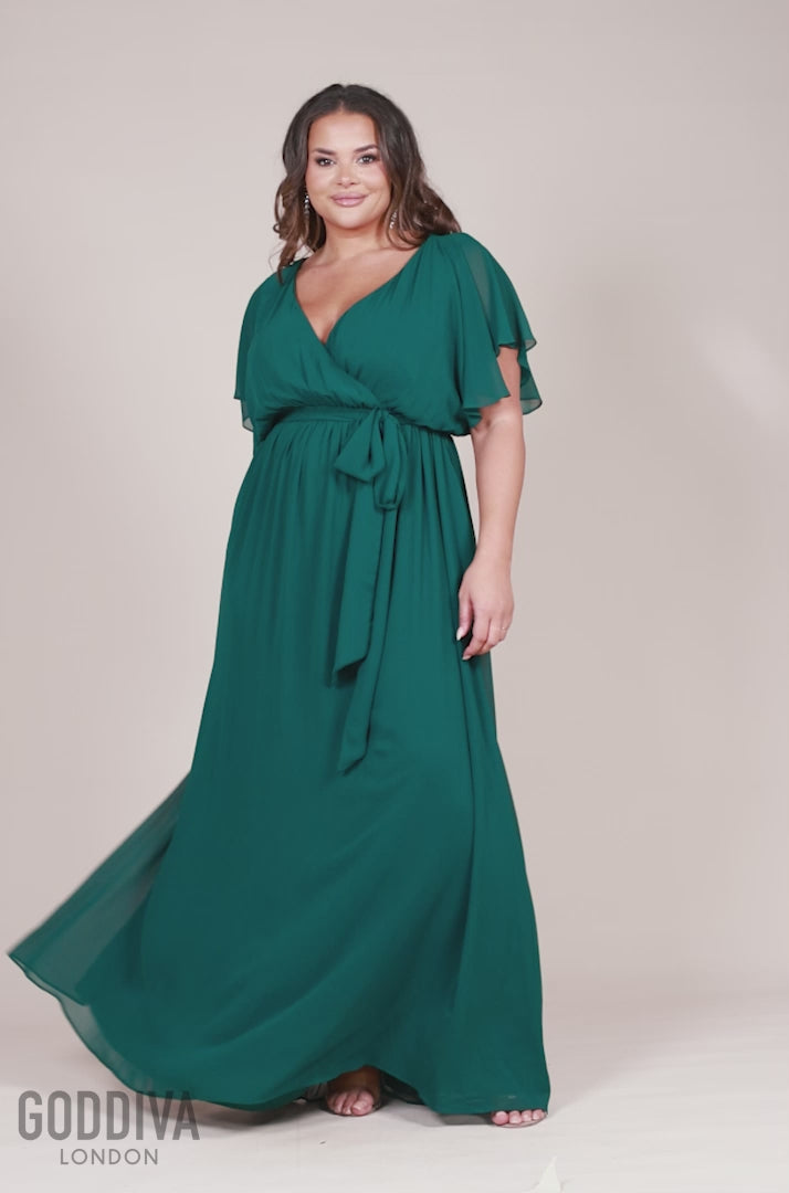 Flutter Sleeve Wrap Maxi Dress - Emerald Green DR2486P