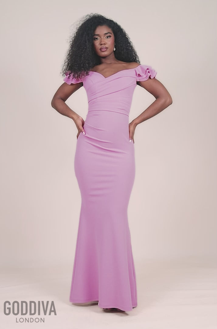 Frilled Off The Shoulder Scuba Maxi Dress - Rose Pink DR4293