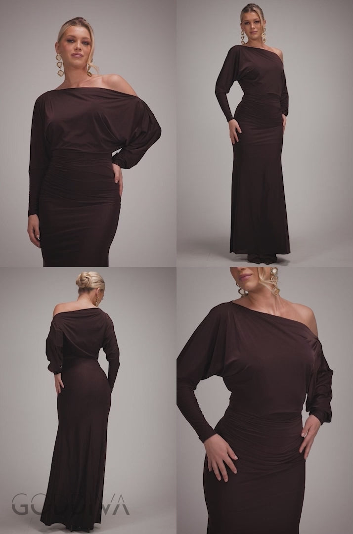 Bat Wing Elasticated Side Gather Maxi Dress - Brown DR4889