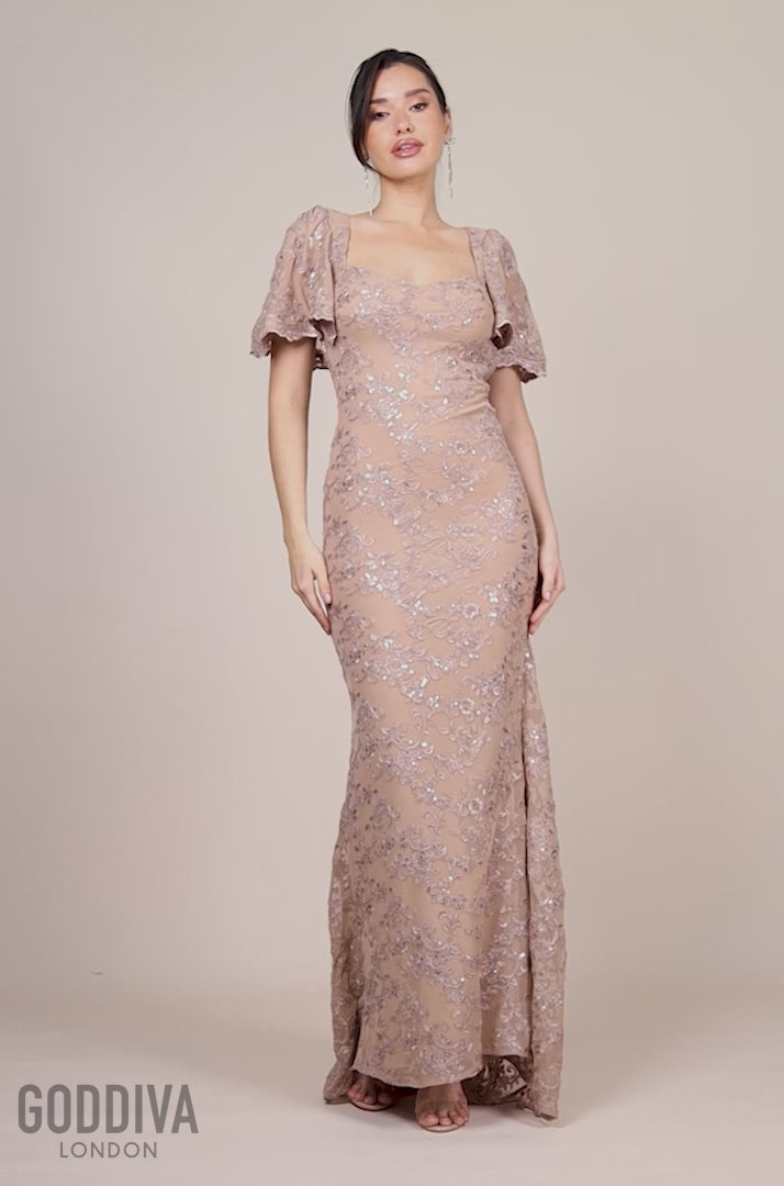 Scalloped Cape Open Back Lace & Sequin Maxi Dress - Champagne DR4252