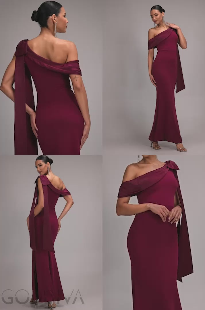 One Shoulder Velvet Satin Bow Cape Maxi Dress - Burgundy DR5021