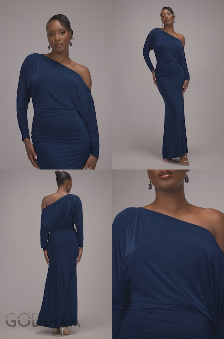 Bat Wing Elasticated Side Gather Maxi Dress - Navy Blue DR4889
