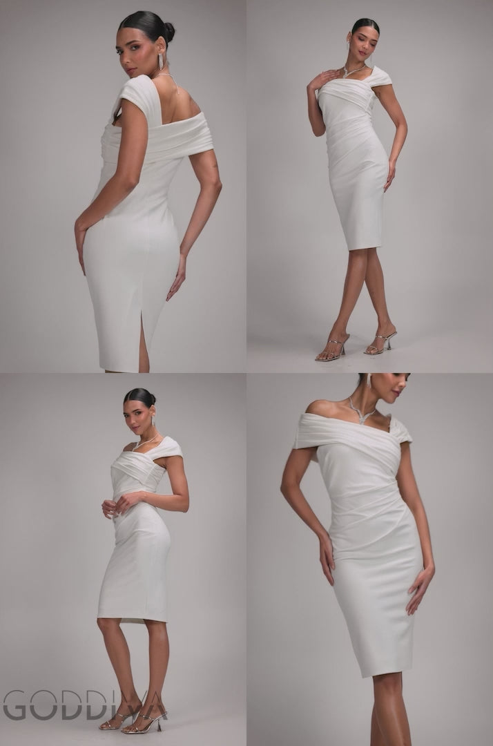 Scuba Crepe Pleated Drop Shoulder Midi Dress - White DR4490