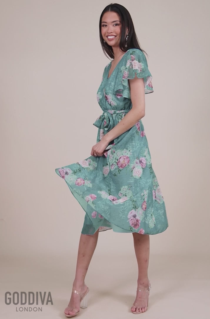 Printed Lurex A-Line Flutter Sleeve Midi Dress - Airforce Blue DR4516