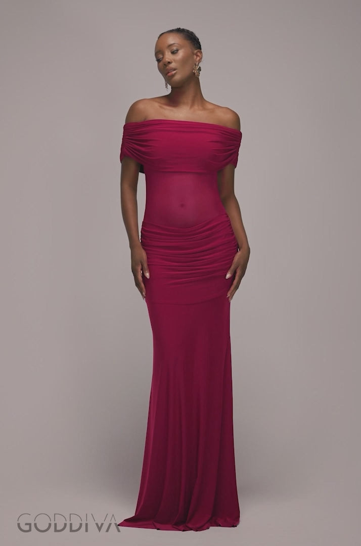 Gathered Off The Shoulder Mesh Waist Panel Maxi Dress - Wine DR4857