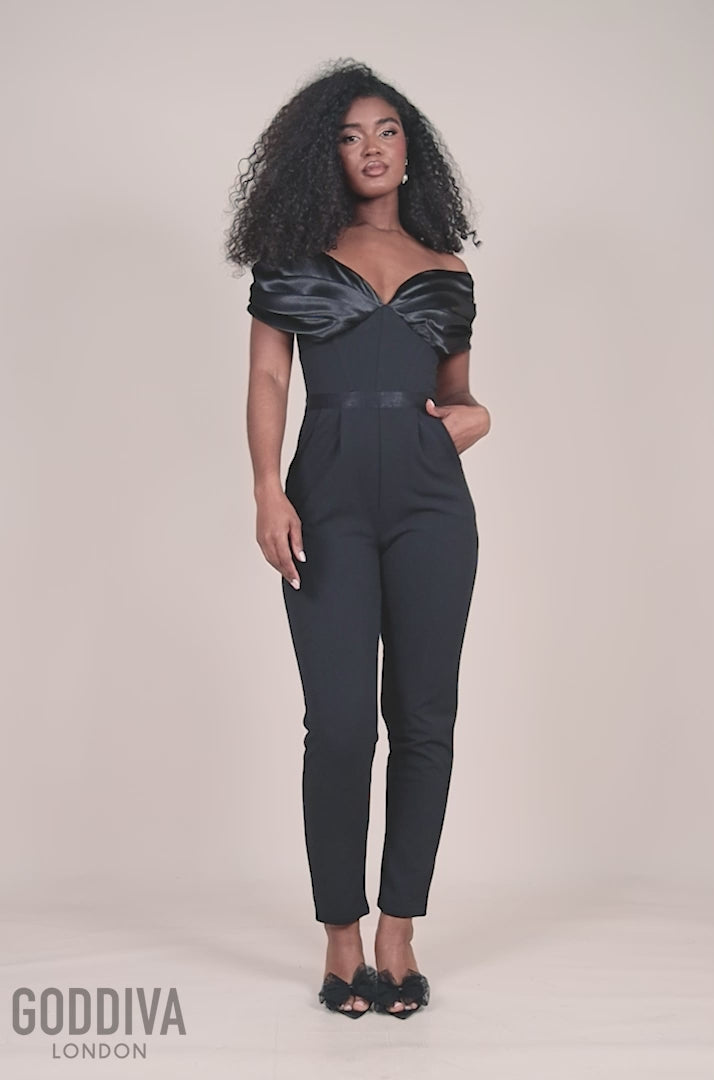 Corset Bodice Scuba & Satin Bardot Jumpsuit - Black TR351