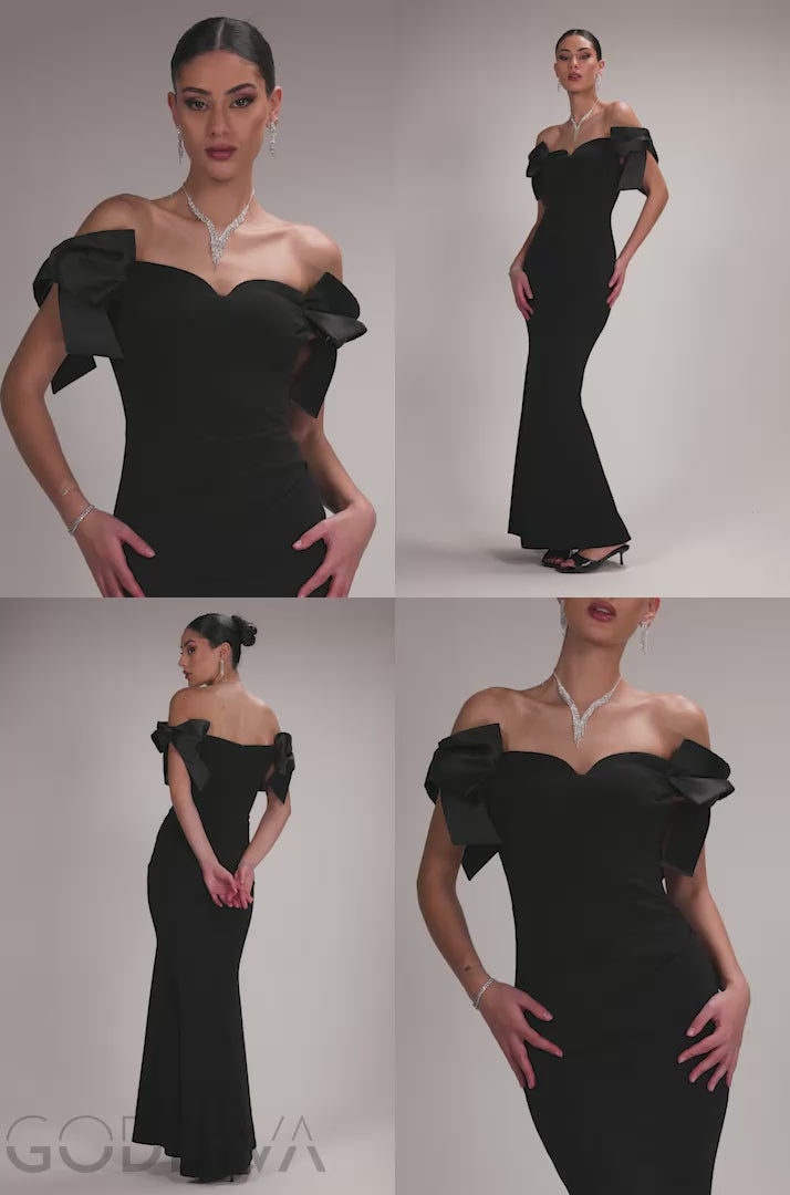 Satin Bow Bardot Sheath Maxi Dress - Black DR4999