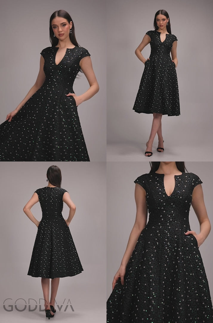 Bead Embellished Jacquard A Line Midi Dress - Black DR4795