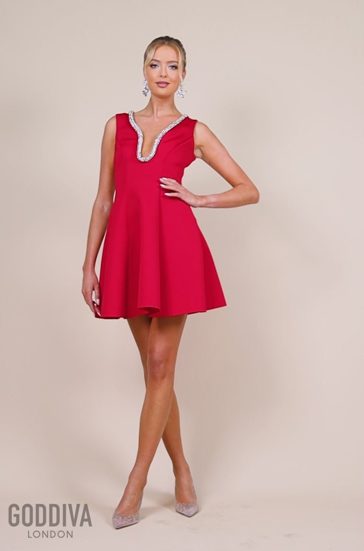 Diamante Embellished Neck A-Line Mini Dress - Red DR4598