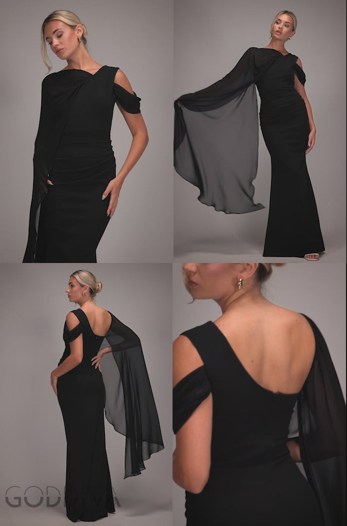 One Shoulder Chiffon Cape Crepe Maxi Dress - Black DR4982