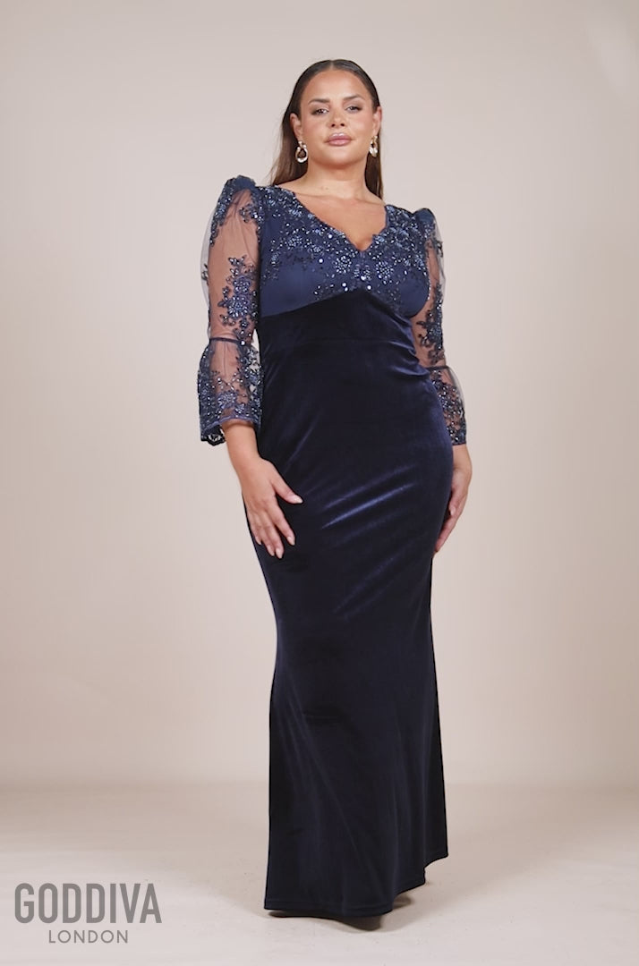 Scalloped Lace & Velvet Maxi Dress - Navy DR3972PLUS