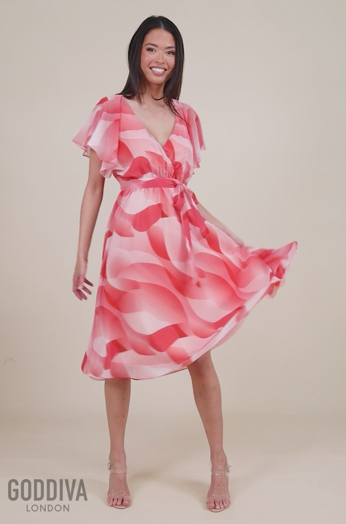 Printed Flutter Sleeve Chiffon Midi Dress - Coral DR4515