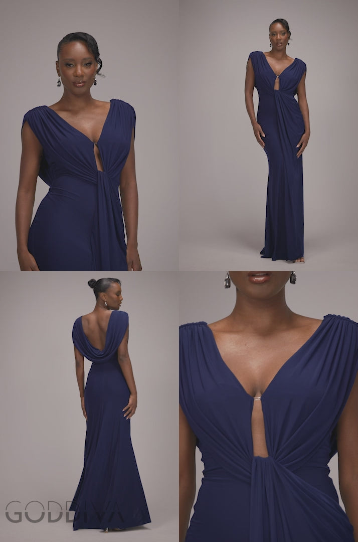 Cowl Plunge Draped Mermaid Maxi Dress - Navy Blue DR4879