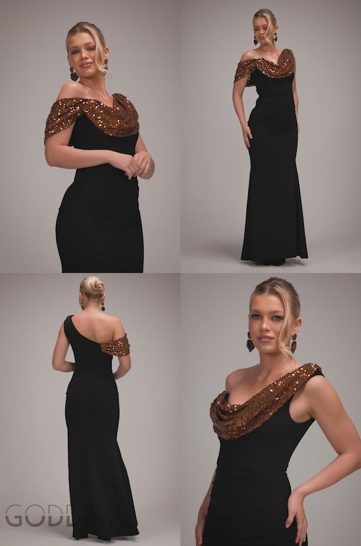 Cowl One Shoulder Contrast Sequin & Scuba Crepe Maxi Dress - Bronze DR4815