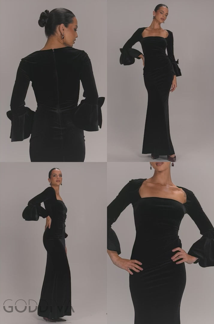 Petal Bow Sleeve Frill Velvet Maxi Dress - Black DR5164