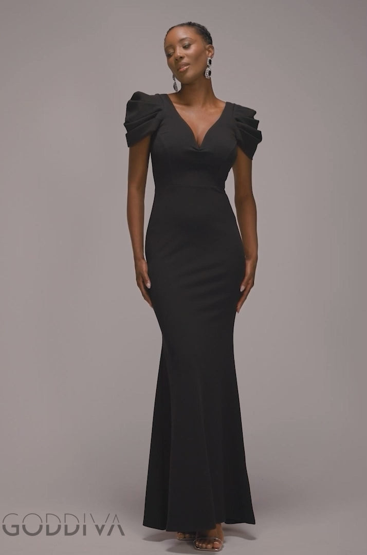 Plunging Neck Pleated Sleeves Scuba Maxi Dress - Black DR4820