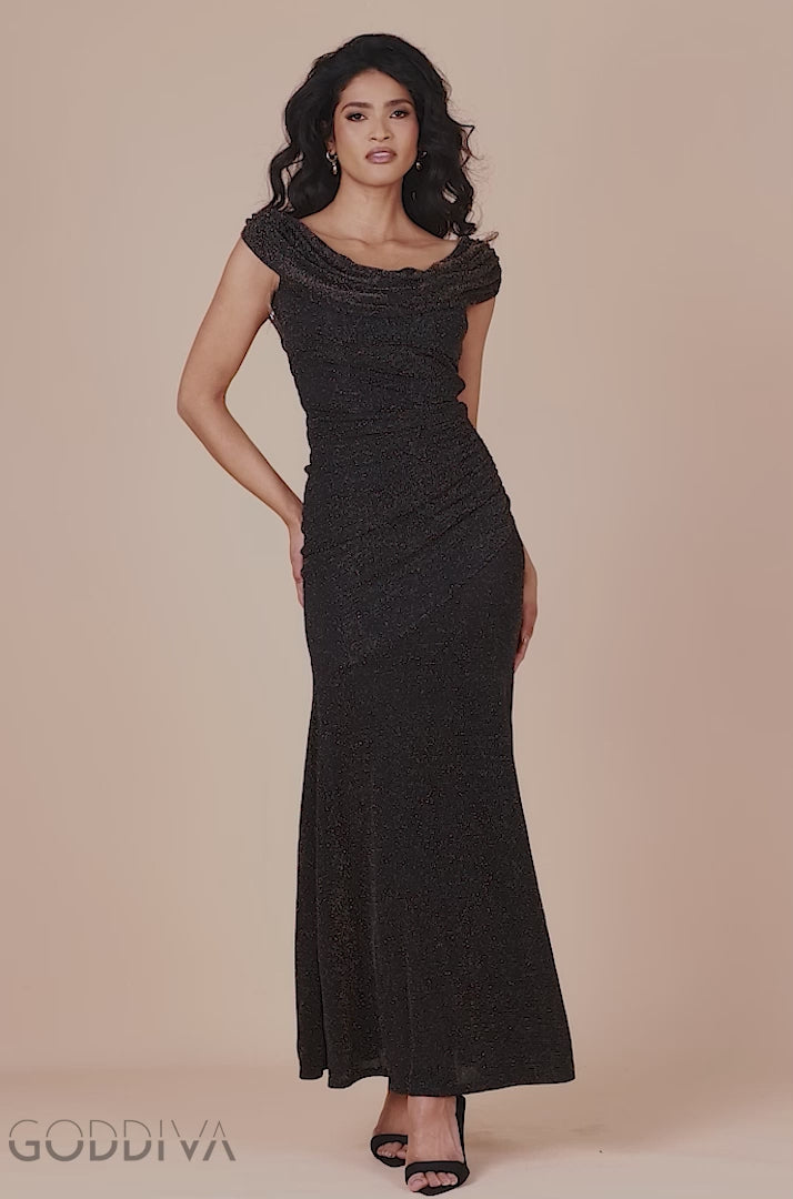 Sparkle Lurex Cowl Neck Off The Shoulder Maxi Dress - Black Gold DR4699
