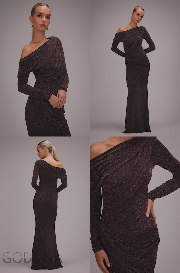 Off The Shoulder Gathered Panel Sparkle Lurex Maxi Dress - Black Rose DR4675