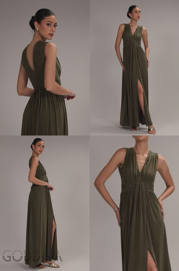 Gathered Shoulder Wrap Neck Draped Waist Maxi Dress - Khaki DR5005