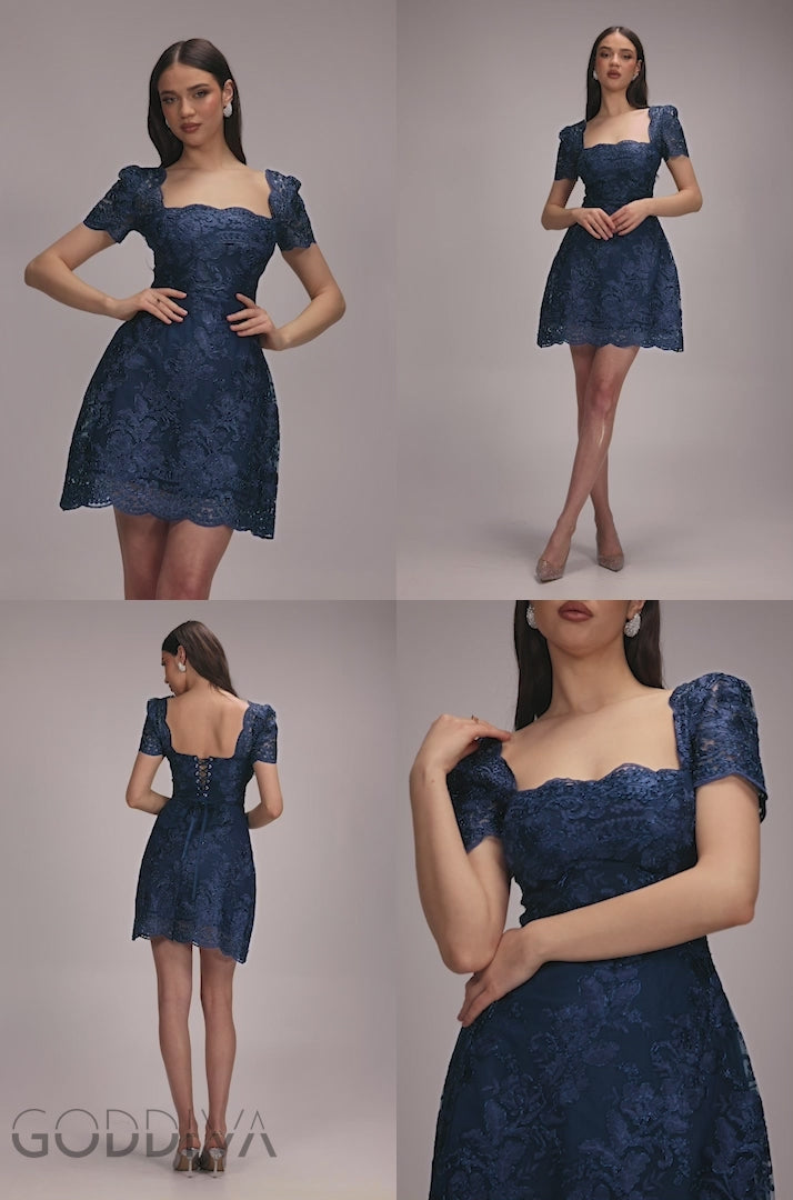 Scallop Edge Corset Back Structured Lace Mini Dress - Navy Blue DR4966