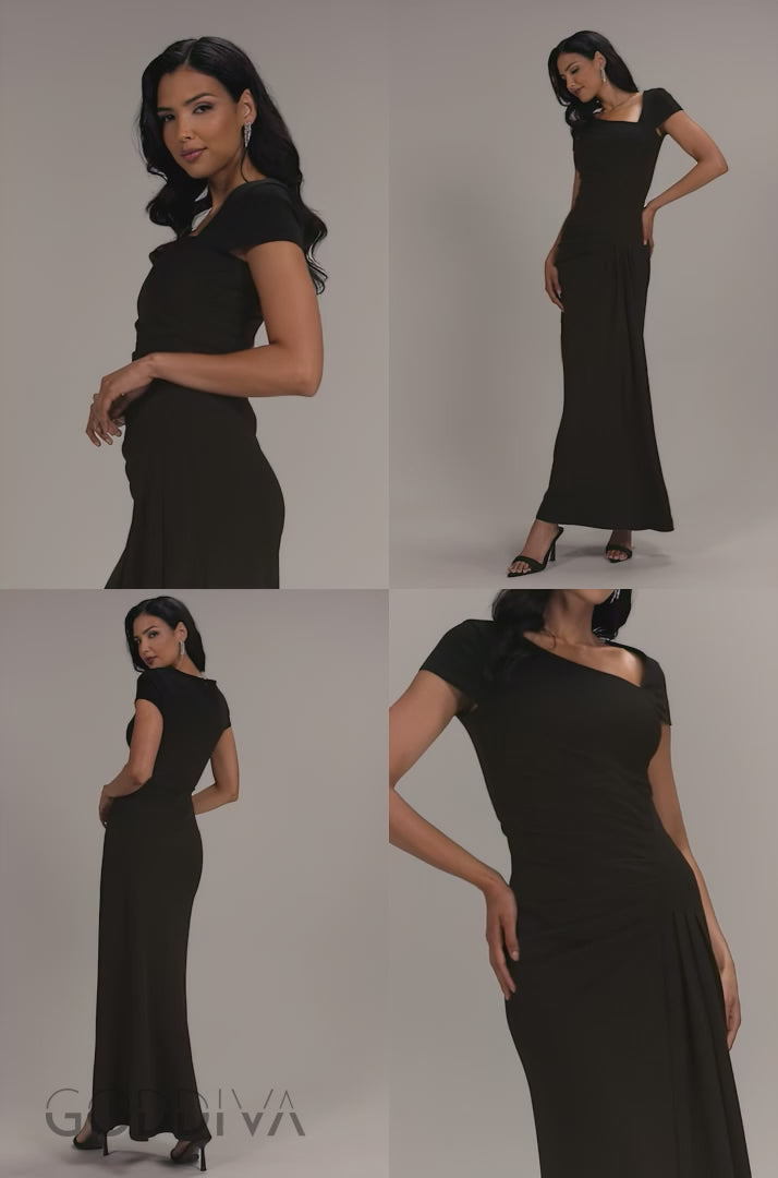 Cap Sleeve Pleated Asymmetric Maxi Dress - Black DR5115