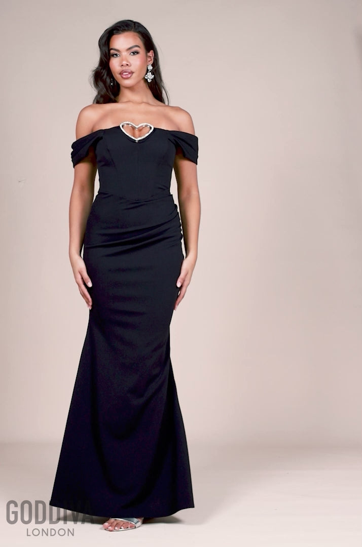 Diamante Heart Trim Evening Maxi Dress - Black DR4674