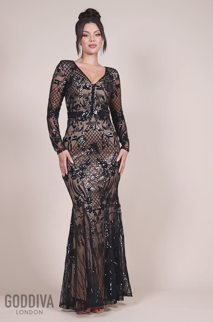 Full Sleeve Sequin Evening Dress - Black DR3196