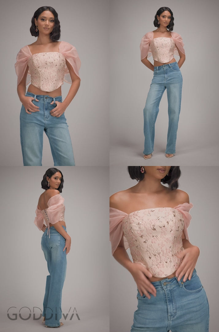 Off Shoulder Jacquard Top With Organza Wings - Blush Pink T231