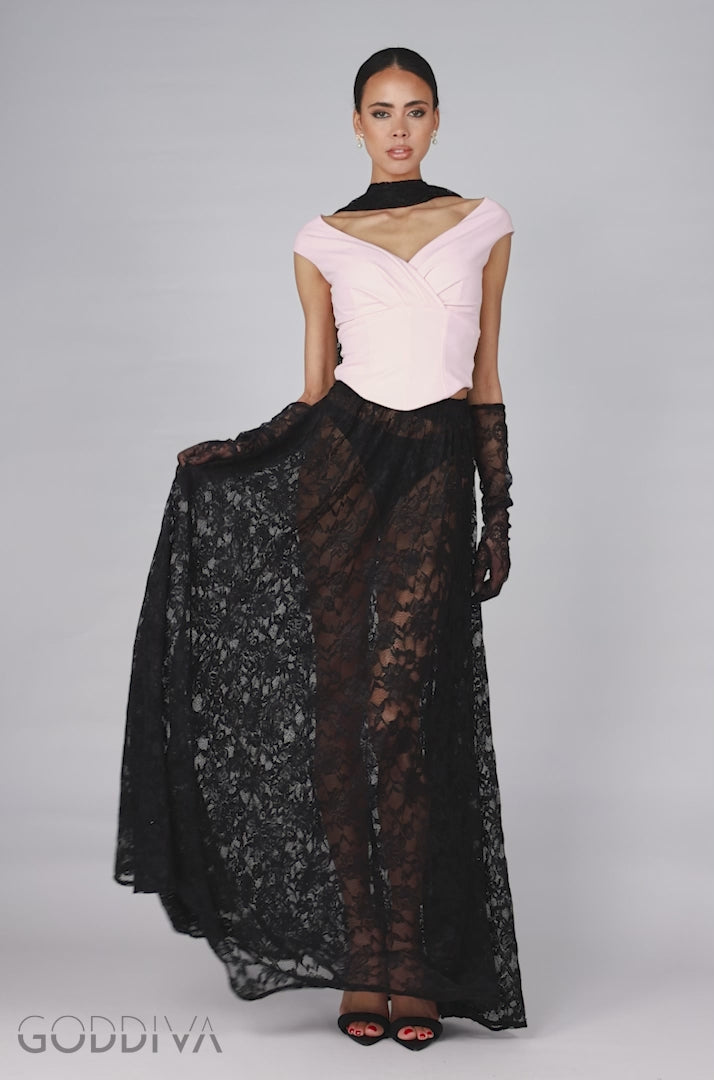 Front Pleated Wrap Off The Shoulder Corset With Lace A-Line Skirt With Scarf & Gloves - Pink & Black LOOK05