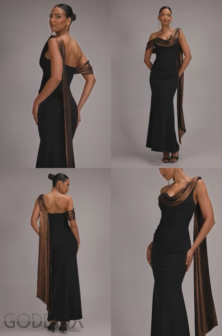 Foil Chiffon Cowl One Shoulder Cape Maxi Dress - Black Bronze DR4998