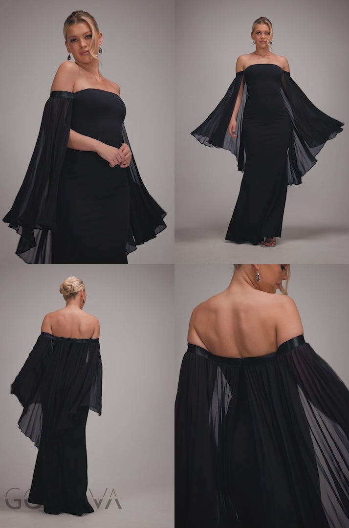 Boob Tube Maxi Dress With Pleated Chiffon Cape - Black DR4832