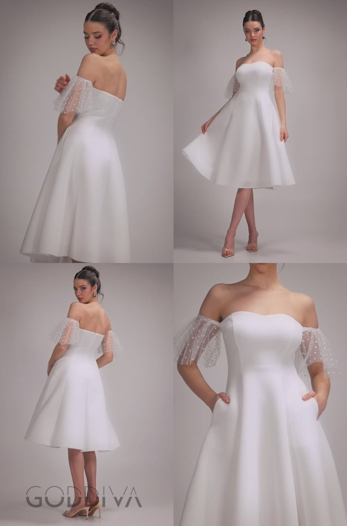 Scuba & Polka Mesh Off The Shoulder Midi Dress - White DR5016