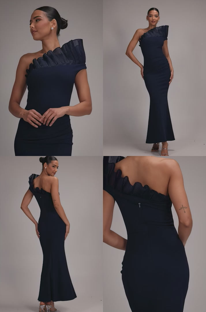 One Shoulder Organza Frill Pleated Mermaid Maxi Dress - Navy Blue DR4858