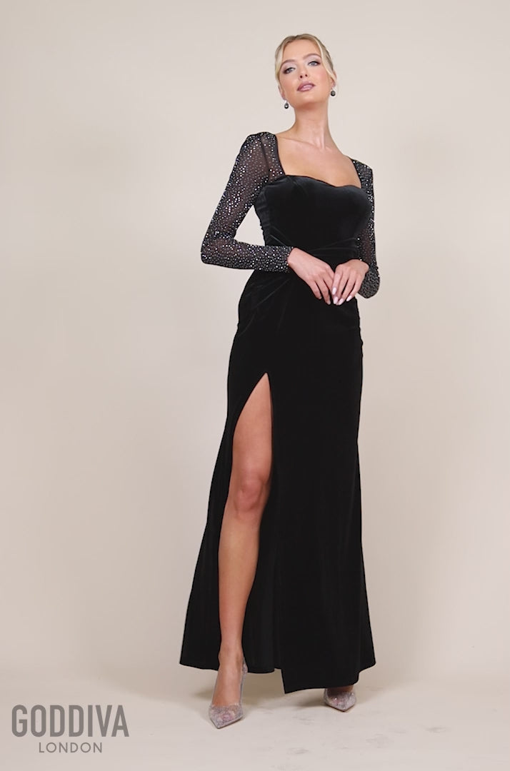 Diamante Sleeve Front Split Velvet Maxi Dress - Black DR4383