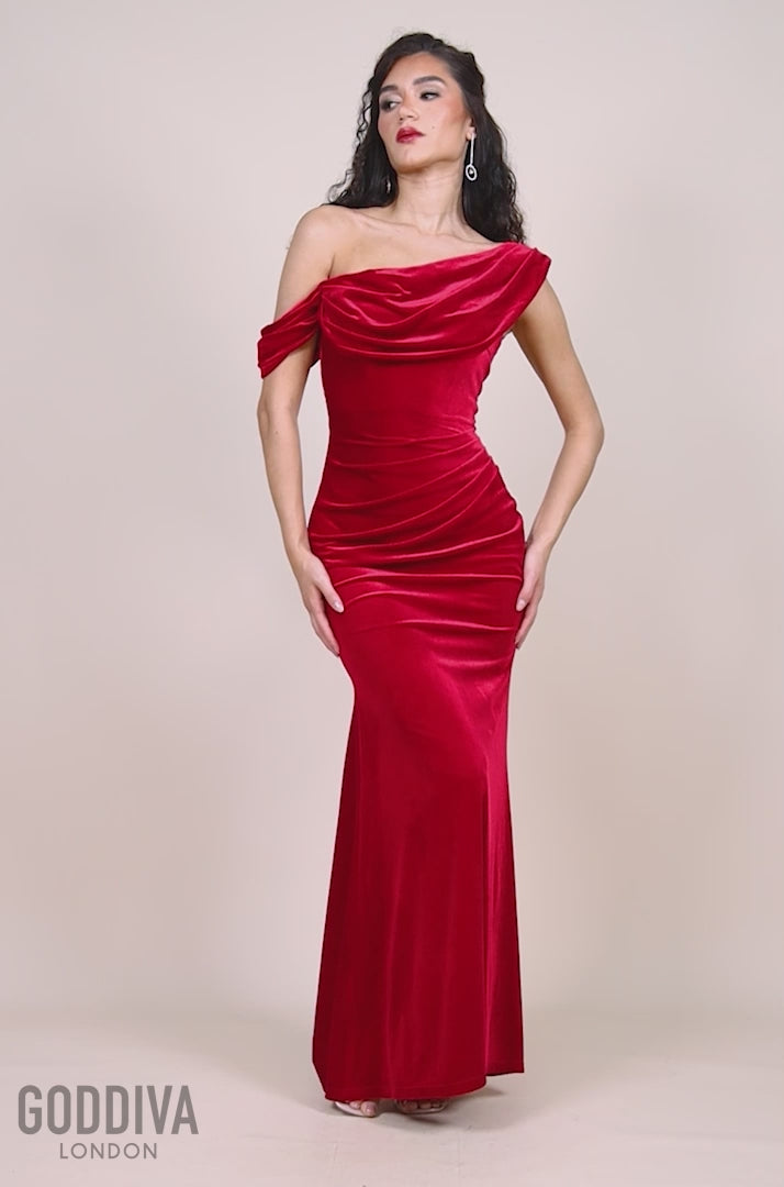 Cowl One Shoulder Velvet Maxi Dress - Red DR4504