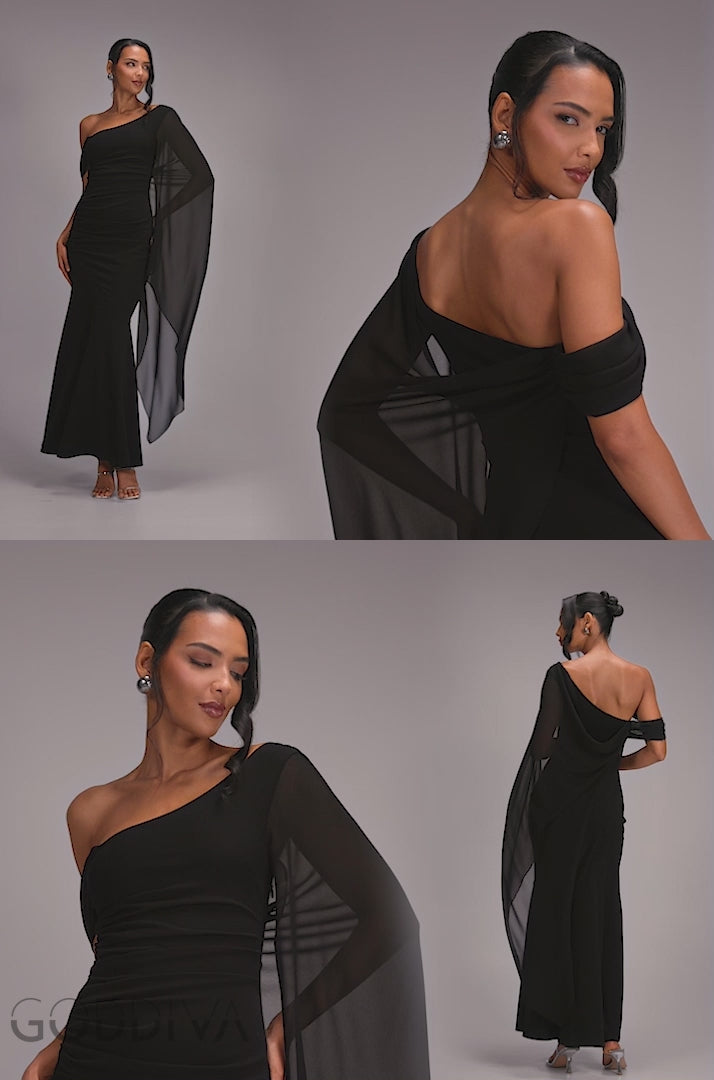 One Shoulder Cape Scuba & Chiffon Maxi Dress - Black DR4899