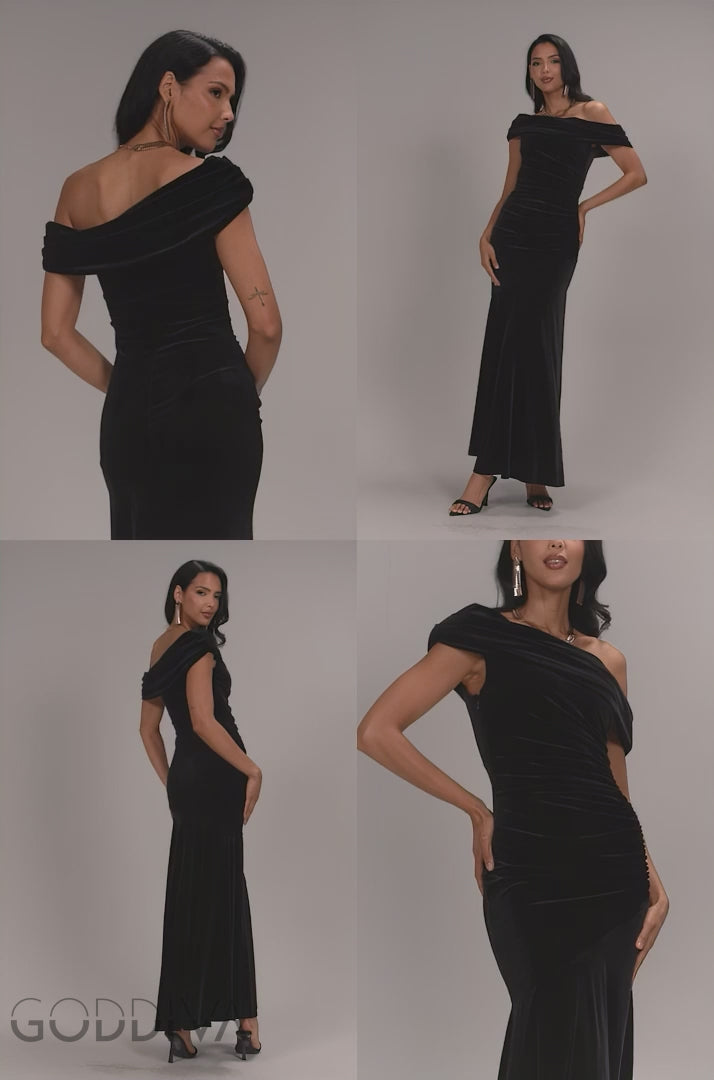 Velvet One Shoulder Bardot Fit And Flare Maxi Dress - Black DR5166