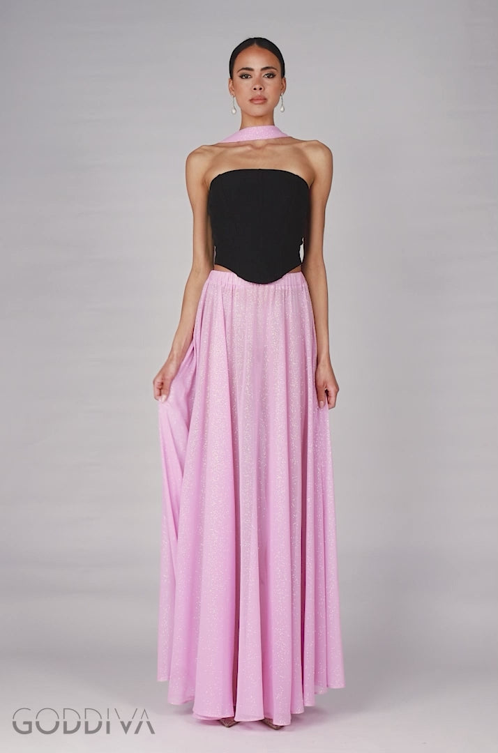 Compact Crepe Lace Up Corset With Gathered A-Line Glitter Chiffon Maxi Skirt & Scarf - Black, Pink & Pink LOOK02