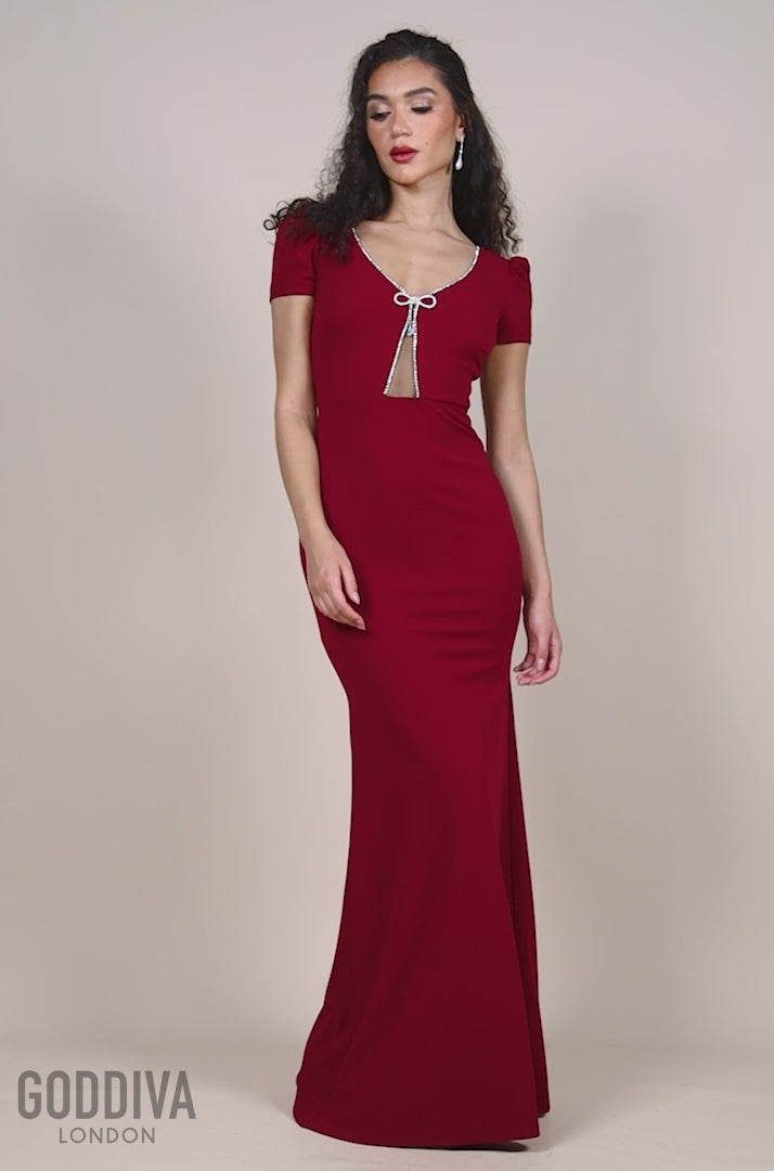 Diamante Embellished Bow Scuba Crepe Maxi Dress - Wine DR4493