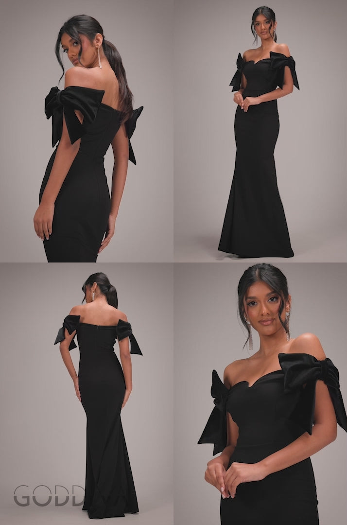 Scuba Off The Shoulder Velvet Bow Maxi Dress - Black DR4864