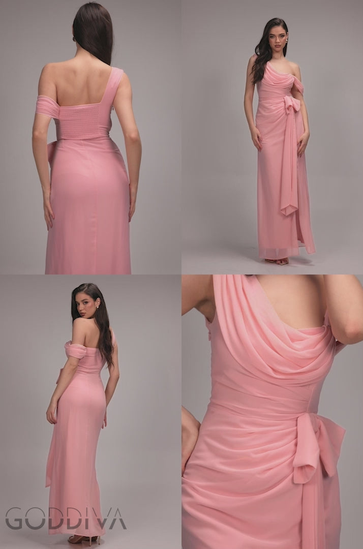One Shoulder Cowl With Bow Detail Maxi Dress - Blush Pink DR4606