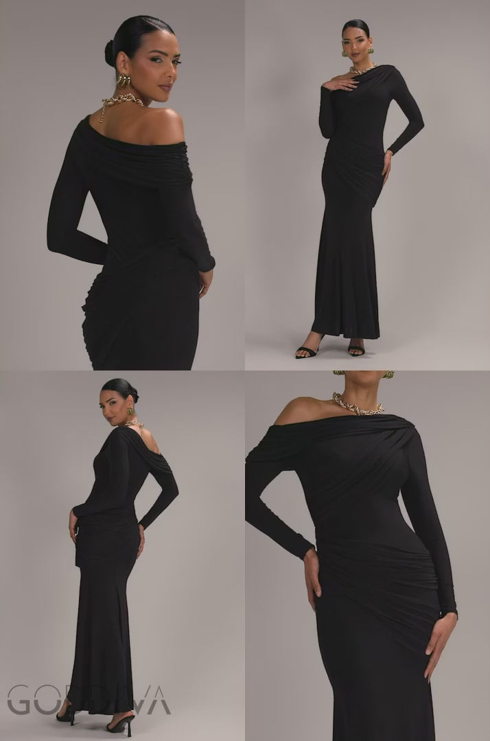 Off Shoulder Gathered Panel Soft Touch Maxi Dress - Black DR5087